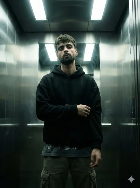 A touching cinematic portrait of a grim young man in a claustrophobic elevator room