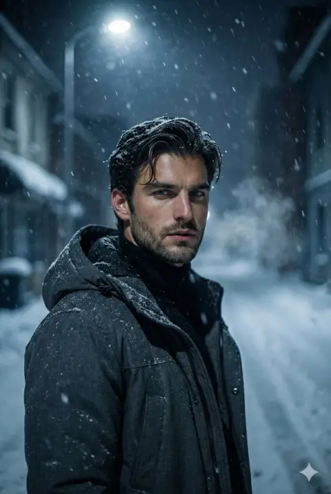A touching movie portrait of a cold man under a blizzard night