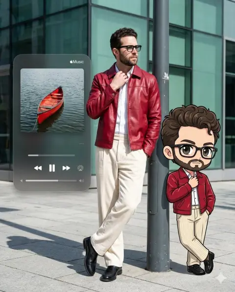 A trendy man in red leather clothes and his Q-version clone on the street in the scorching sun