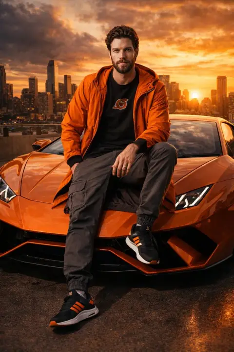 A trendy man riding a Lamborghini on the street at sunset
