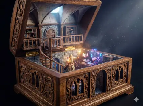 A two-story wizard miniature tower transformed into an antique box
