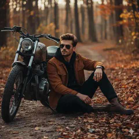 A visual feast for retro motorcycles and fashionable men in the golden autumn forest