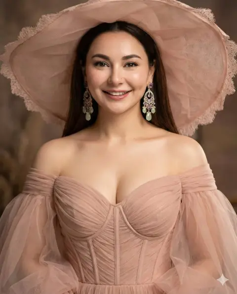 A wide-brimmed hat and puffy sleeves create a luxurious nude pink fashion shoot.