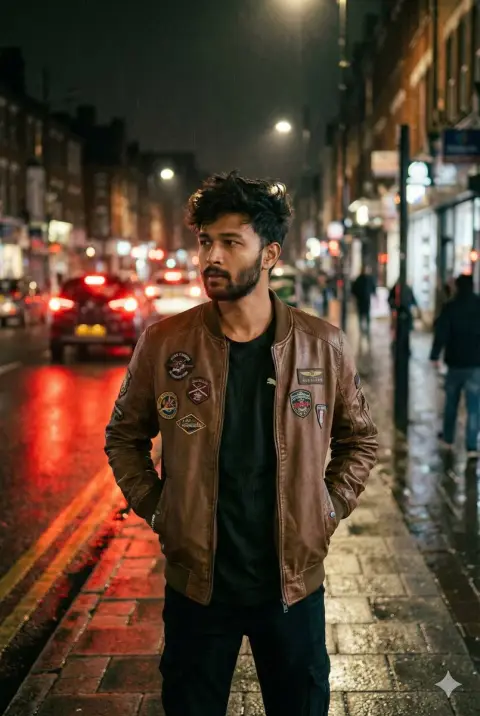 A young man in leather clothes under the shadow of neon lights on a rainy night