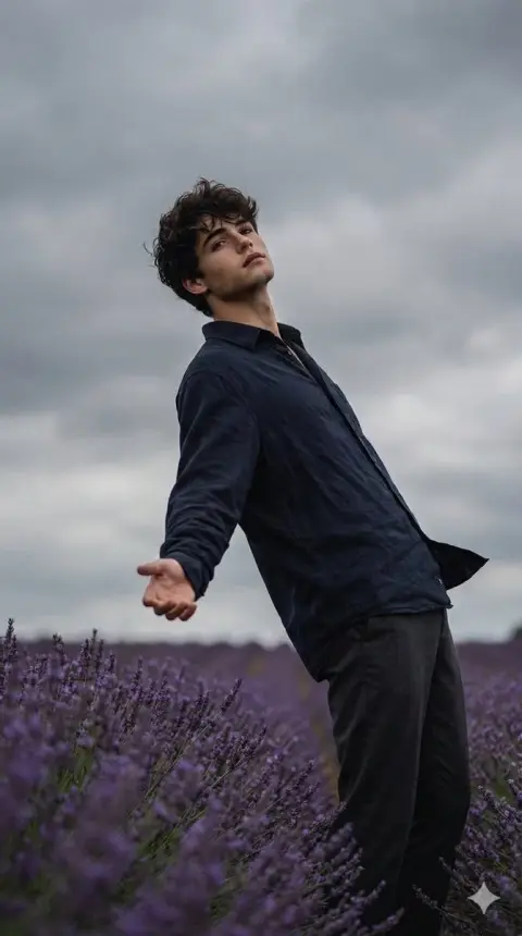 A young man embracing the strong wind in a sea of ​​flowers under film-like light and shadow