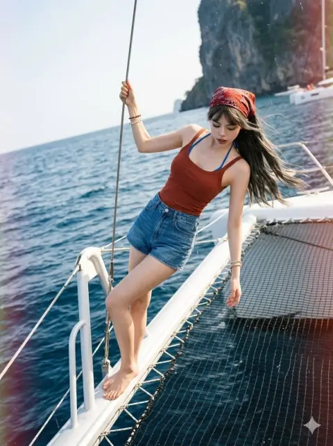 Adventure documentary photography of woman in red on catamaran net bag