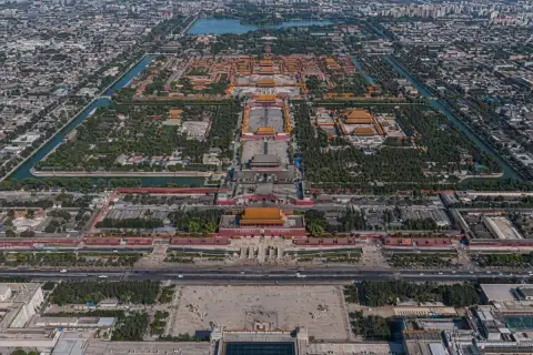 Aerial photography of the central axis of the Forbidden City in Tiananmen Square
