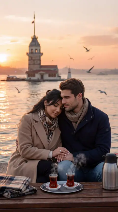 Affectionate gaze and black tea on the beach in Istanbul at dusk