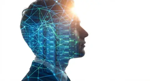 AI engineer silhouette under double exposure