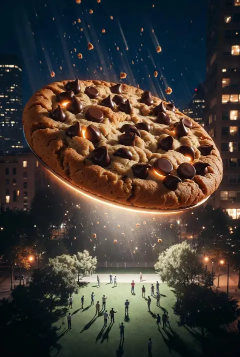Alien spacecraft hijacks giant cookies under urban night sky