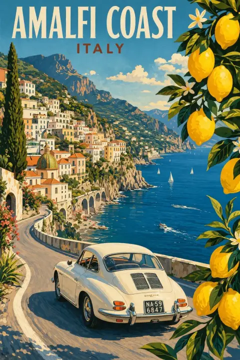 Amalfi Coast retro travel poster