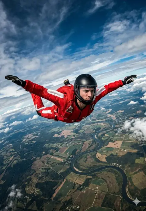 American man in red skydiving suit free-falling from high altitude