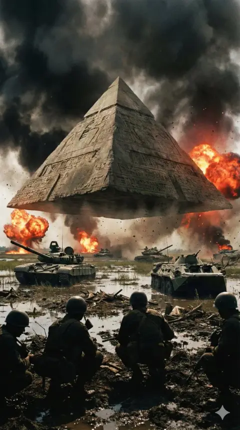 An epic blockbuster where an ancient pyramid is suspended over a modern battlefield