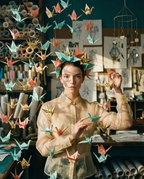 An ethereal paper art photo surrounded by suspended paper cranes