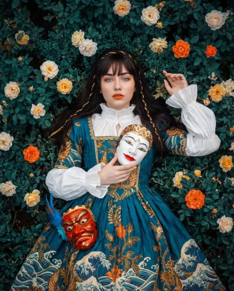 An Indonesian socialite wearing a batik dress surrounded by flowers