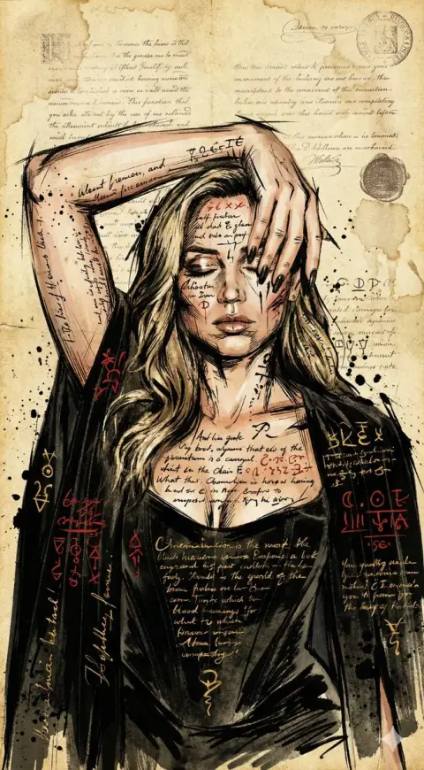 An ink portrait covered with mysterious runes on a yellowed ancient scroll