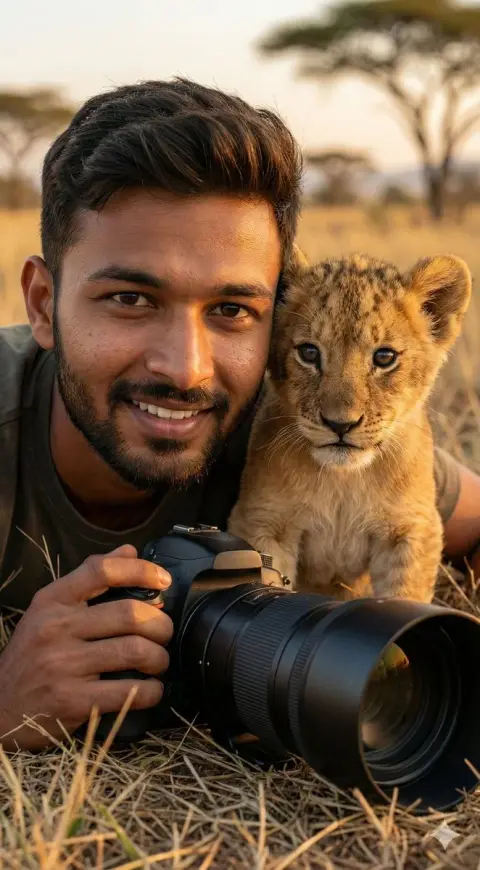 An overhead shot of the photographer and the cute lion cub looking at each other tenderly