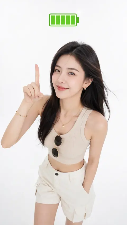 An overhead shot of a beautiful lady wearing summer clothes wearing a fully charged state