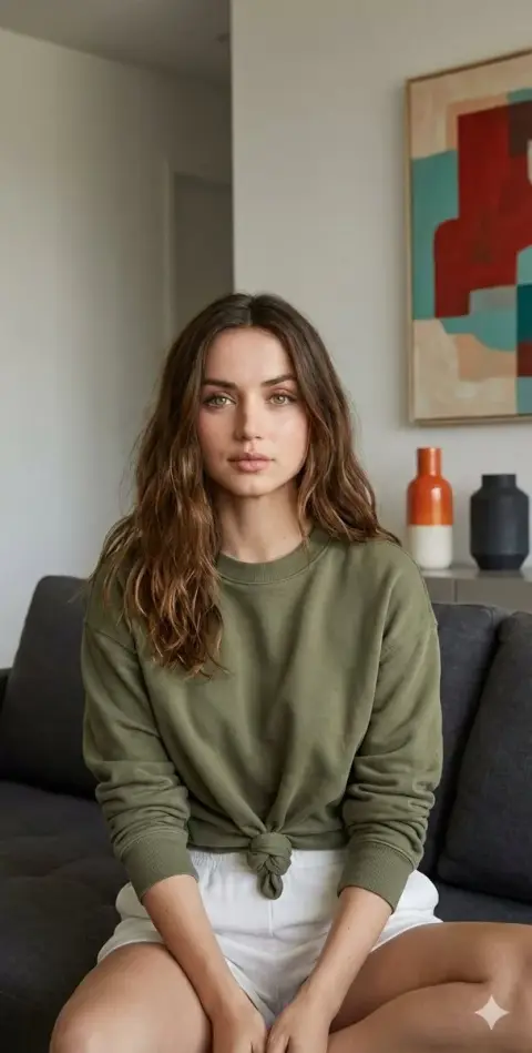 Ana de Armas in olive green sweatshirt home movie-like photo