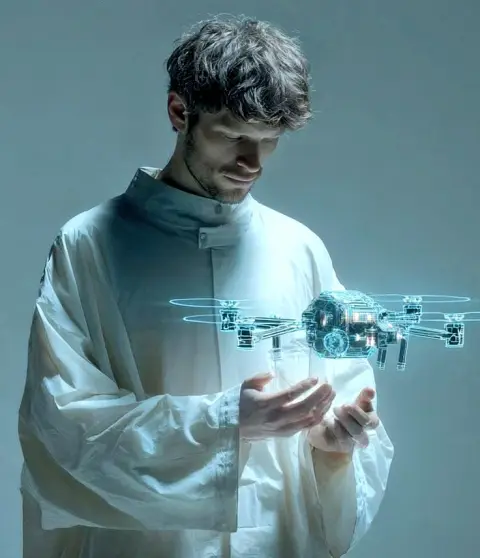 Analytical holographic drone in the palm of a young man in white robe