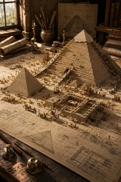 Ancient civilization construction miniature landscape on architectural blueprints