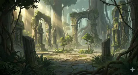 Ancient jungle ruins illuminated by dawn light