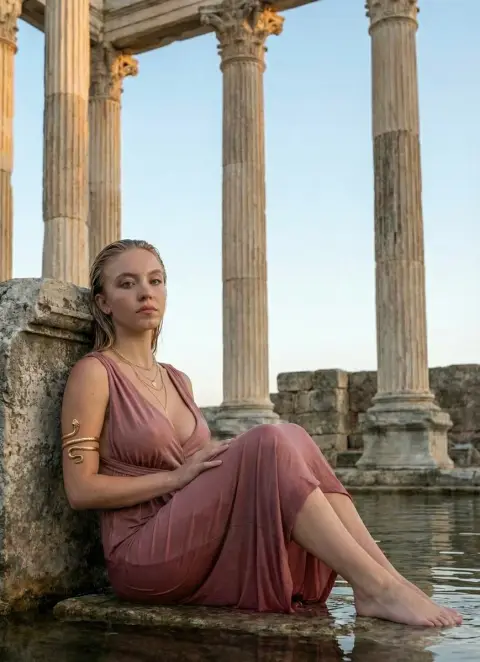 Ancient Roman goddess bathed in golden afterglow