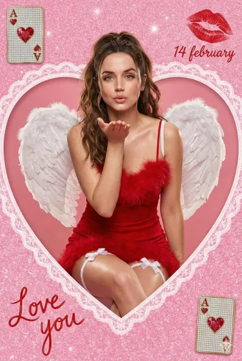 Angel in red dress blowing kiss in Valentine's Day love window