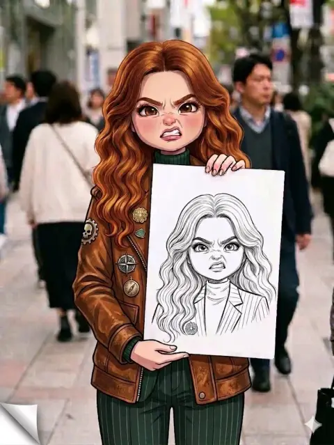 Angry Q-version girl holding a sketchbook on a busy street