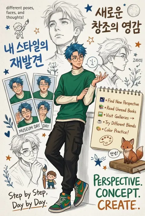 Anime blue-haired boy artist character design setting poster