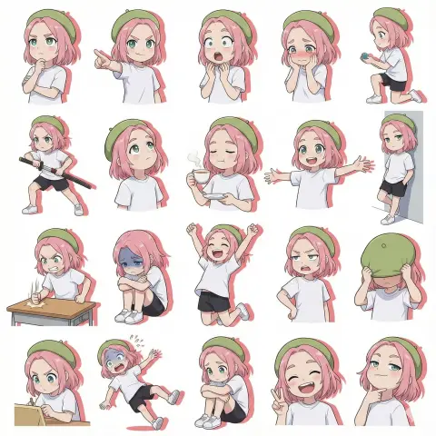 Anime Character Expression Sheet with Cute Poses and Emotions