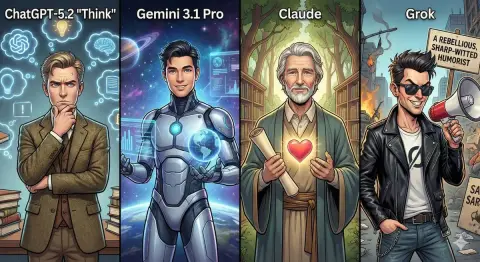 Anthropomorphic creative group portraits of the four major AI giants