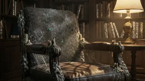 Antique spider silk mail chair inlaid with emerald in the dark library