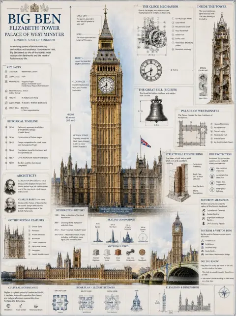 Architectural blueprint of Big Ben and Palace of Westminster in London
