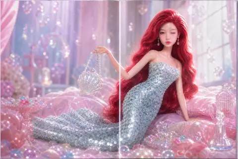 Barbie doll looking like Ariel wearing a mermaid-like dress holding a shell evening bag