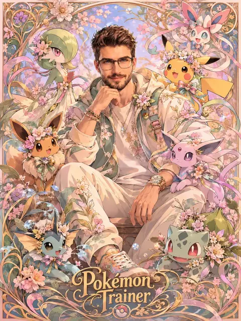 Art Nouveau style Pokémon trainer 2D illustration
