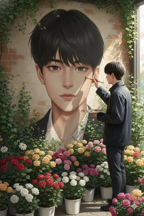 Artist who paints realistic self-portraits in cozy cafe