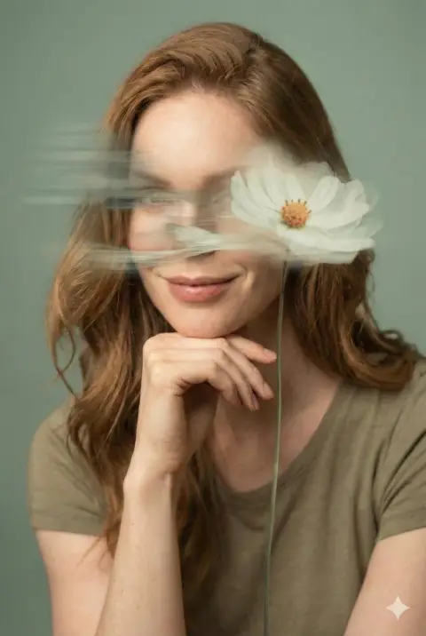 Artistic portrait under dreamy flying flowers