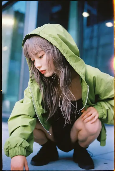 Asian model in neon green sporty style on Manhattan street corner