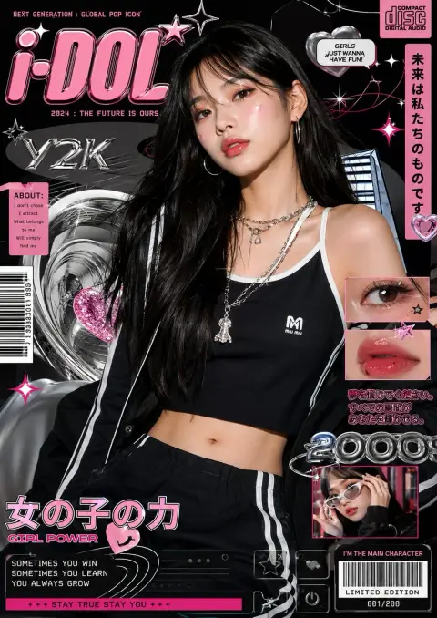 Asian women Y2K retro pop luxury fashion poster