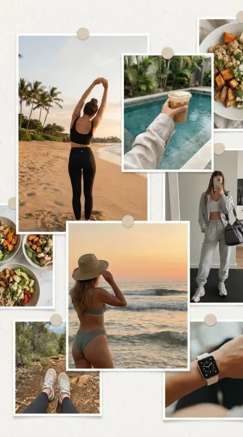 Asymmetric magazine style collage of fitness girls on summer beach
