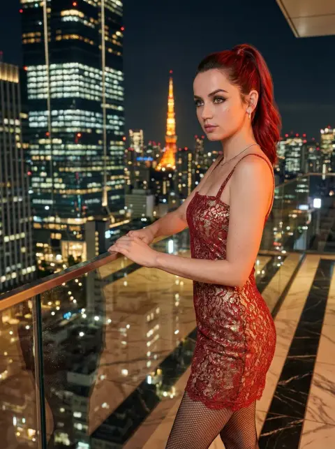 At night in Tokyo, the red-haired beauty’s stunning profile is leaning on the railing