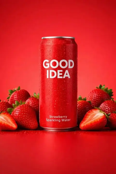 Attractive red bottle of sparkling water and slices of fresh strawberries