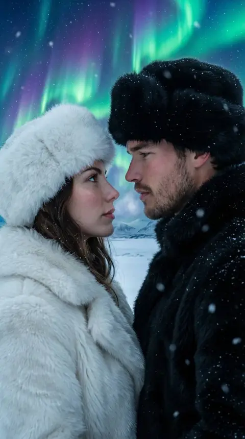 Aurora reflects the snow at night, a super realistic couple looks at each other affectionately