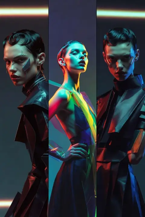 Avant-garde fashion triptych: Supermodel’s fierce gaze