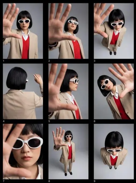 Avant-garde fashion blockbuster of a girl with black bob hair and sunglasses