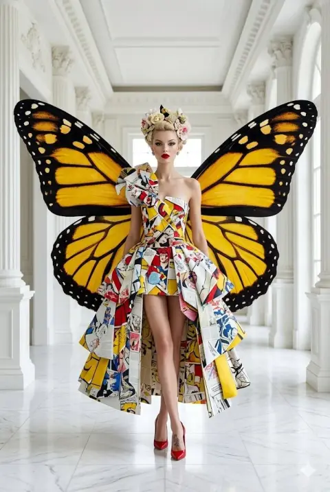 Avant-garde pop collage skirt and butterfly wings fashion photography