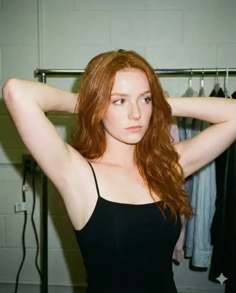 Backstage photo of black suspender skirt under direct flash shadow