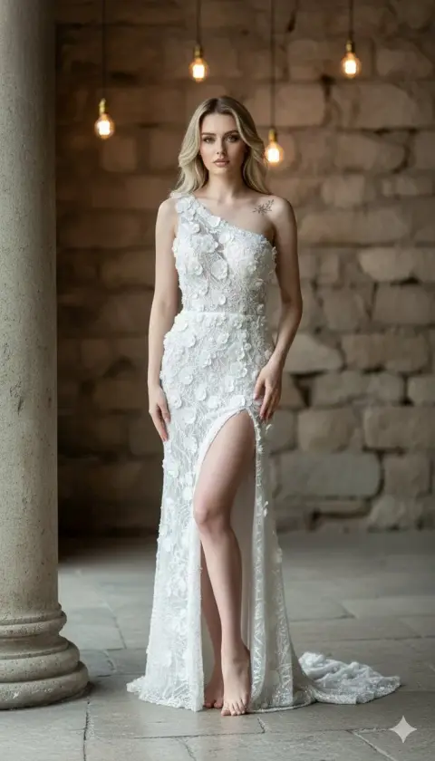 Barefoot goddess with blonde hair and white dress against the ancient stone wall