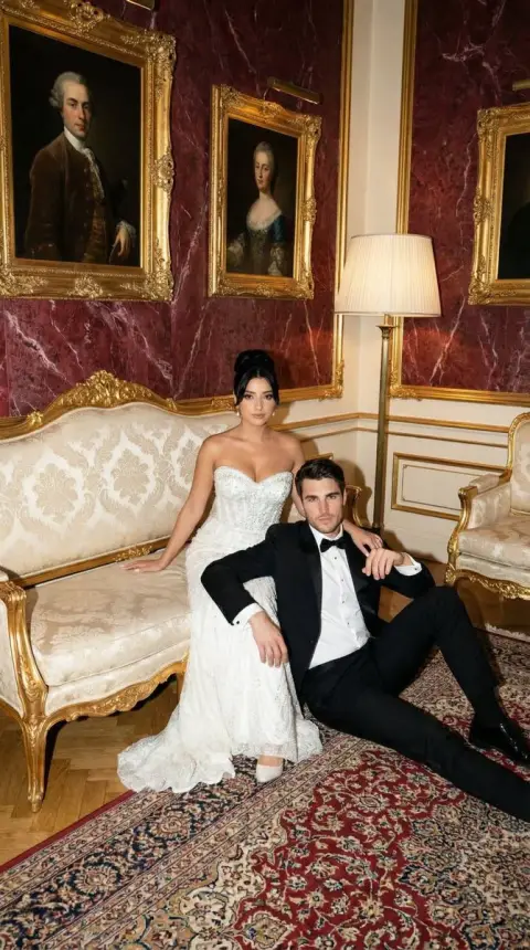 Baroque luxury hotel wedding magazine style portrait